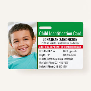 Child ID Emergency Allergy Photo Identification ID Badge