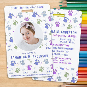Child ID Emergency Card Cute Paw Prints Photo  ID Badge