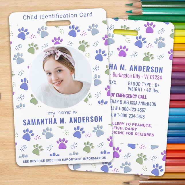 Child ID Emergency Card Cute Paw Prints Photo  ID Badge (Creator Uploaded)