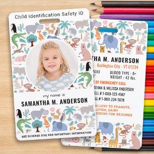 Child ID Emergency Cute Fun Animals Kids Photo  ID Badge