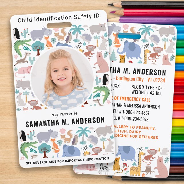 Child ID Emergency Cute Fun Animals Kids Photo  ID Badge (Creator Uploaded)