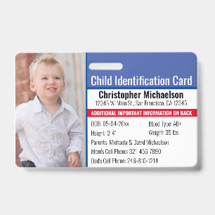 Child ID Identification Emergency Allergy Photo Badge
