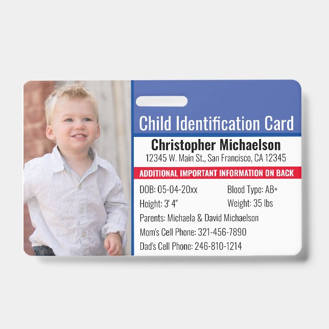 Child ID Identification Emergency Allergy Photo Badge (Front)