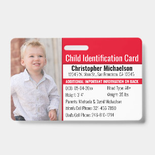 Child ID Identification Emergency Allergy Photo Badge