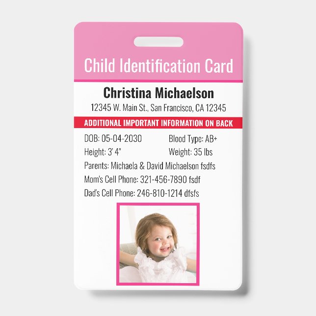 Child ID Identification Emergency Allergy Photo Badge (Front)