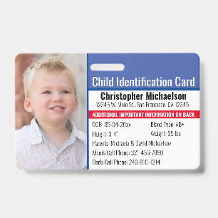 Child ID Identification Emergency Allergy Photo Badge
