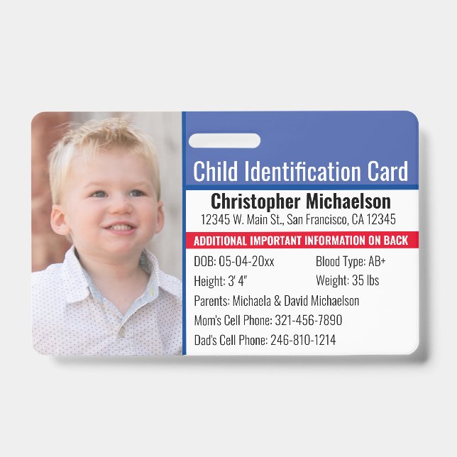 Child ID Identification Emergency Allergy Photo Badge (Front)