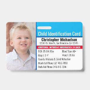 Child ID Identification Emergency Allergy Photo Badge