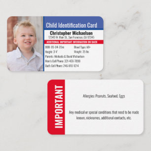 Child ID Identification Emergency Allergy Photo Business Card