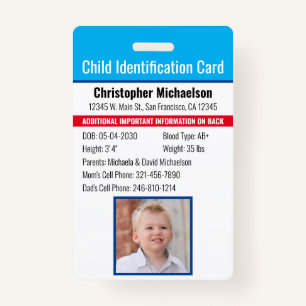 Child ID Identification Emergency Allergy Photo ID Badge