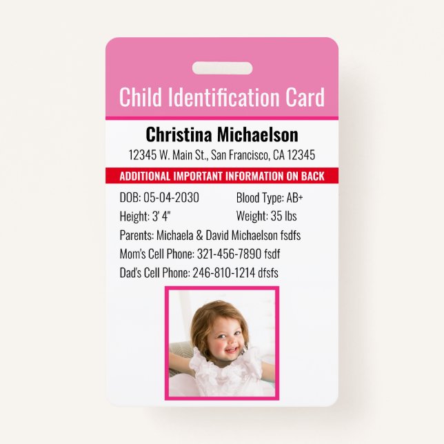 Child ID Identification Emergency Allergy Photo ID Badge (Front)