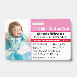 Child ID Photo Identification Emergency Allergy Badge