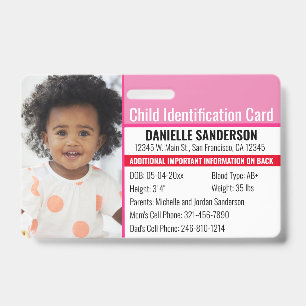 Child ID Photo Identification Emergency Allergy Badge