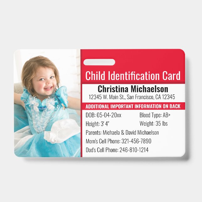 Child ID Photo Identification Emergency Allergy Badge (Front)