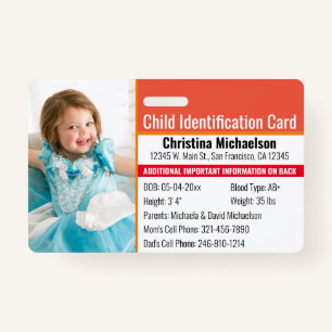 Child ID Photo Identification Emergency Allergy ID Badge