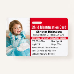 Child ID Photo Identification Emergency Allergy ID Badge