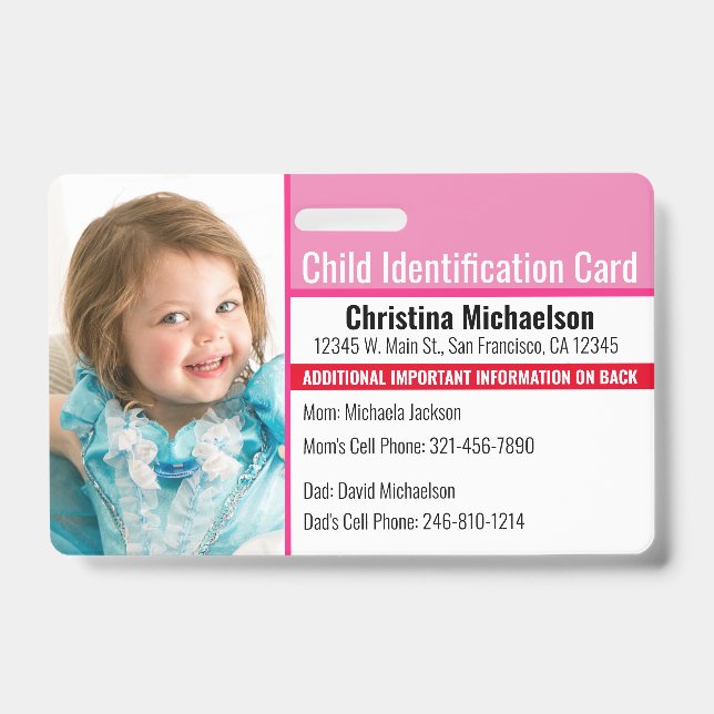 Child ID Photo Medical Emergency Allergy Badge (Front)