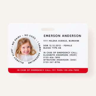 Child Identification Allergy Alert Emergency ID ID Badge