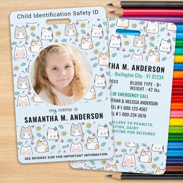 Child Identification Cute Cat Kids Photo Emergency ID Badge (Creator Uploaded)
