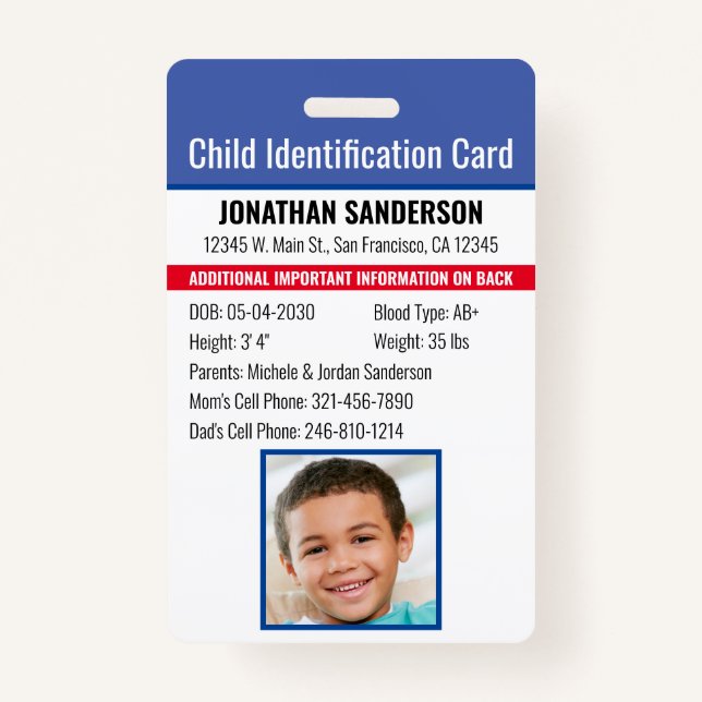 Child Identification Emergency Allergy Photo ID ID Badge (Front)