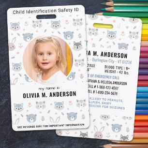 Child Identification Emergency Cute Animals Photo  ID Badge
