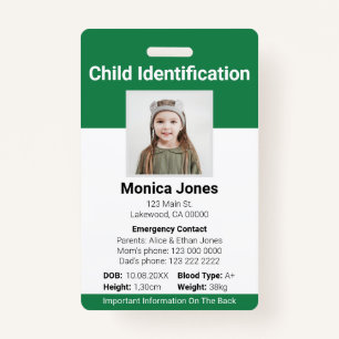 Child Identification Photo Green ID Badge