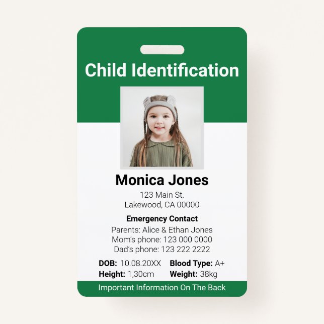 Child Identification Photo Green ID Badge (Front)