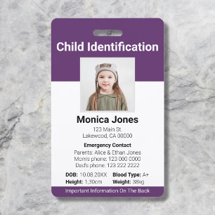 Child Identification Photo Purple ID Badge
