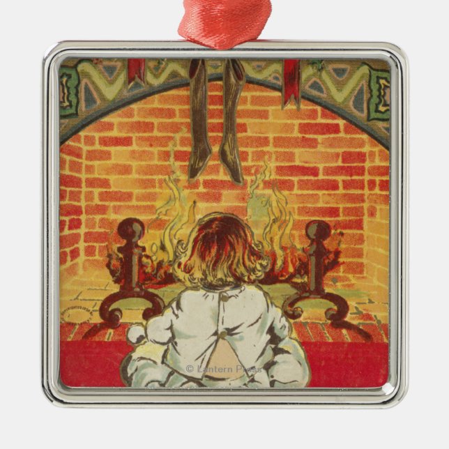 Child in Front of Fireplace Metal Tree Decoration (Front)