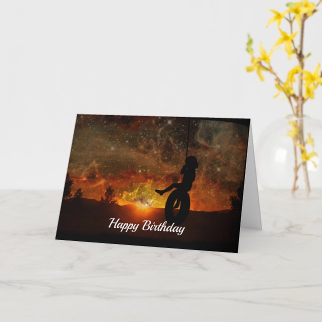 Child In Tire Swing Birthday Card (Yellow Flower)