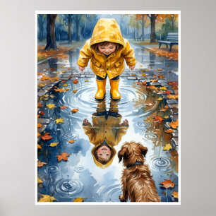 Child In Yellow Raincoat Puddle With Dog Fleece Bl Poster