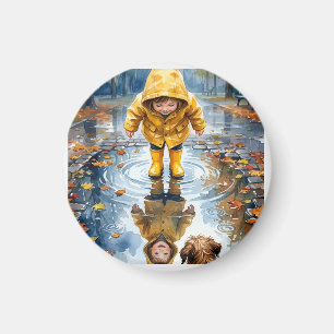 Child In Yellow Raincoat Round Magnet