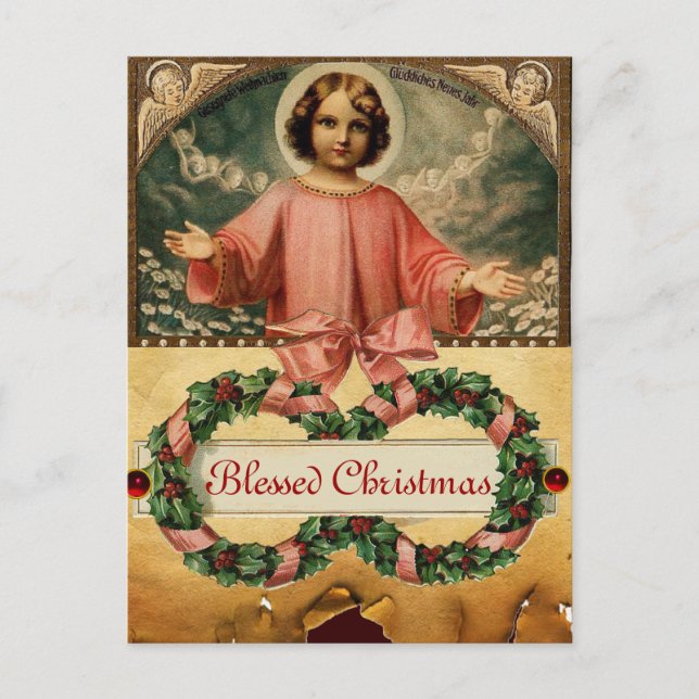 CHILD JESUS WITH ANGELS AND CHRISTMAS CROWNS HOLIDAY POSTCARD (Front)