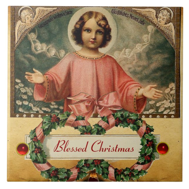CHILD JESUS WITH ANGELS AND CHRISTMAS CROWNS TILE (Front)