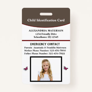 Child Kid ID Identification Emergency Card  ID Badge