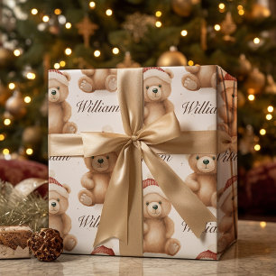 Child Name Teddy Bear Christmas  Wrapping Paper Sheet