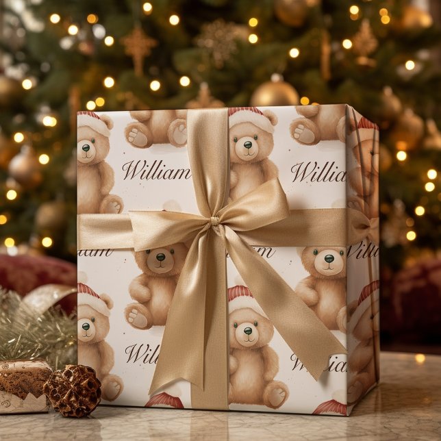 Child Name Teddy Bear Christmas  Wrapping Paper Sheet (Creator Uploaded)