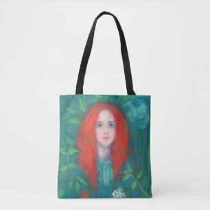 Child of the forest, fantasy art ginger girl green tote bag