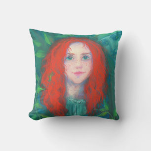 Child of the forest, red haired girl, green shades cushion