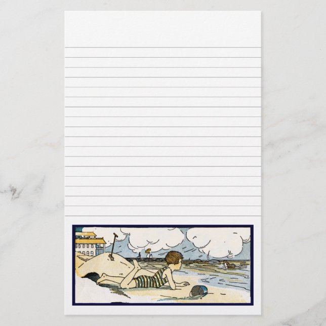Child on Beach Vintage Art Lined Stationery (Front)