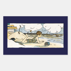 Child on Beach Vintage Art Rectangular Sticker