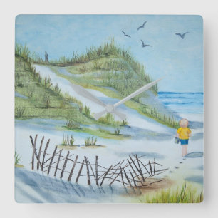 child on sandy beach watercolor square wall clock