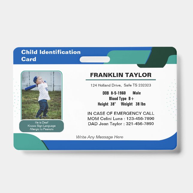 Child Photo Emergency ID Identification Card Badge (Front)