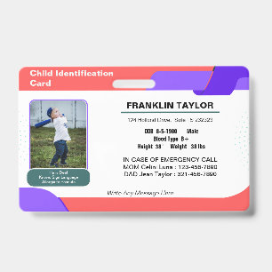 Child Photo Emergency ID Identification Card Badge