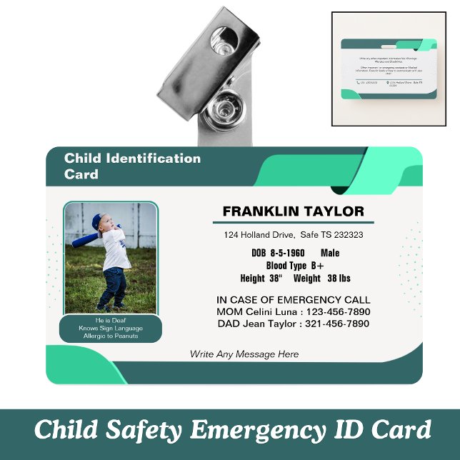 Child Photo Emergency ID Identification Card Badge ID Badge (Child Safety Emergency ID Card)