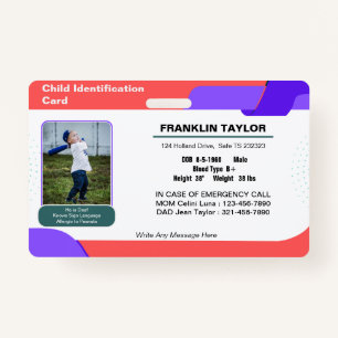 Child Photo Emergency ID Identification Card Badge ID Badge