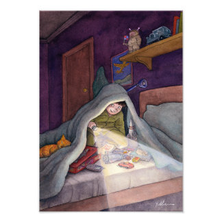 Child Reading Book Under Blanket With Flashlight Photo Print