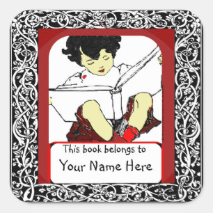 Child Reading Bookplate Square Sticker
