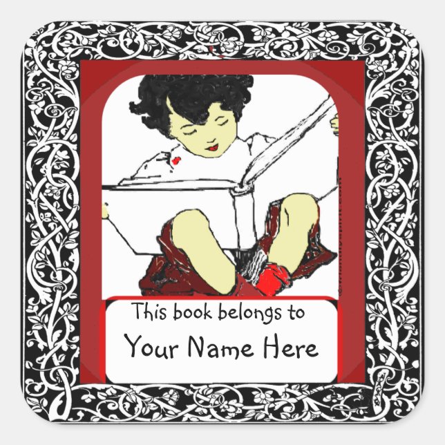 Child Reading Bookplate Square Sticker (Front)