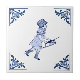 Child Riding Toy Horse Delft Corner Blue & White Tile